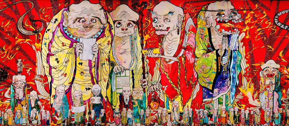 Detail from Takashi Murakami's The 500 Arhats: four towering robed figures with exaggerated faces stand against red flames, rows of smaller figures massed below.