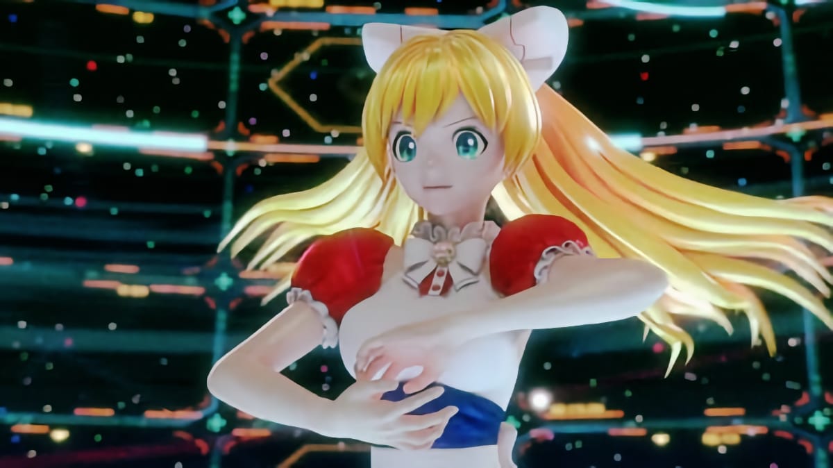 Miss Ko², a computer-animated anime woman with long blonde hair, red puffed sleeves, and a bow headpiece, stands against a dark field of glinting lights.