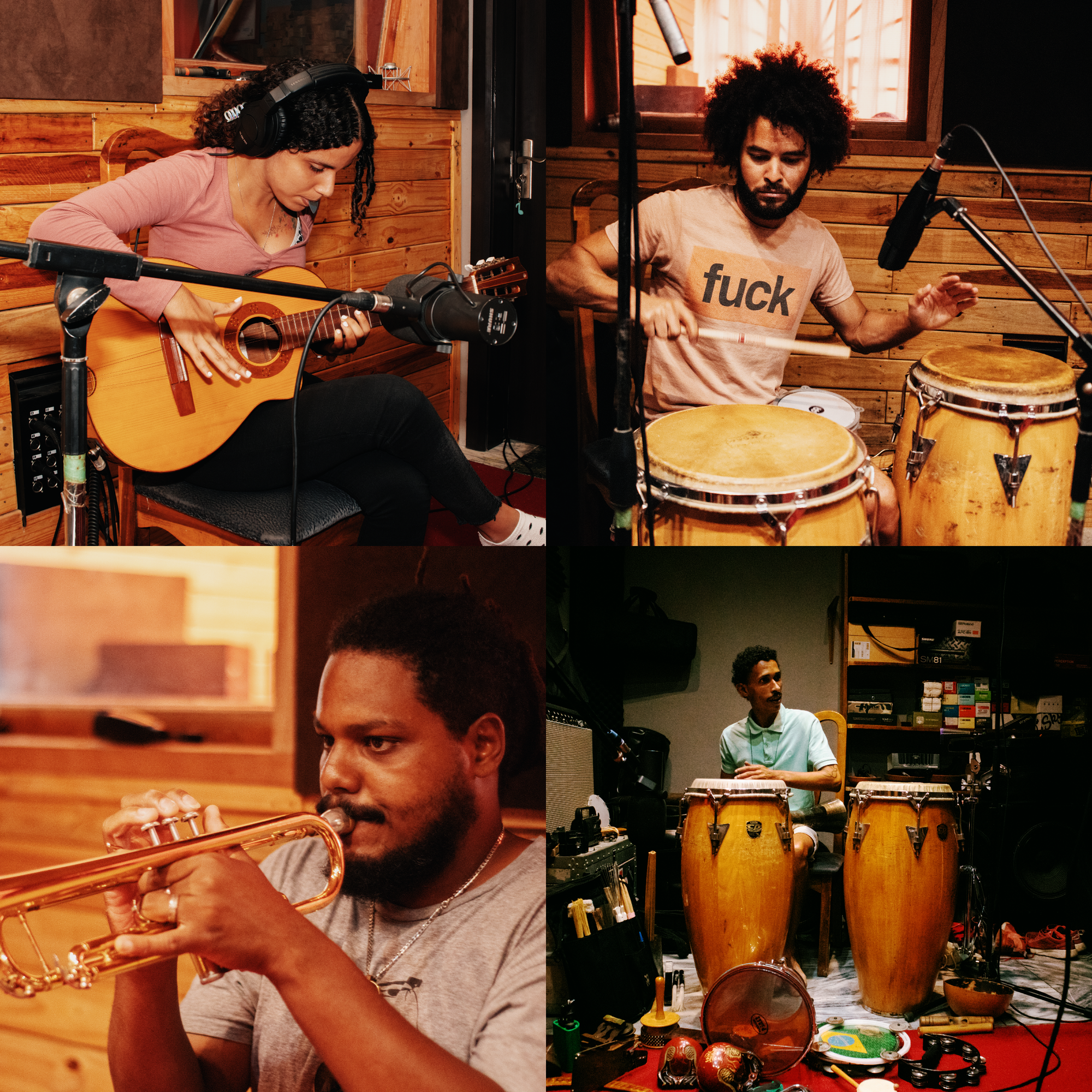 Four session photos: a tres player in headphones, a percussionist striking congas with a stick, a trumpeter mid-phrase, and Irán Farías Saínz seated behind two congas in a crowded studio.