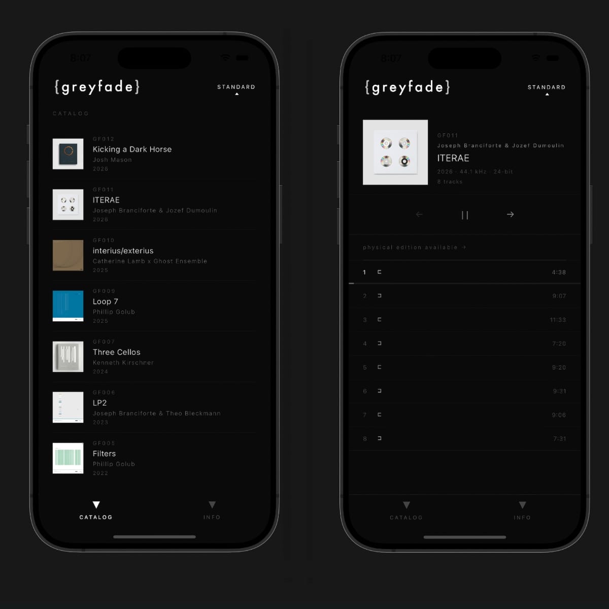 Two phone screens showing the greyfade listening app on black: a catalog list of releases with cover art, catalog numbers, artists, and years, and an album page for ITERAE with an eight-track listing.