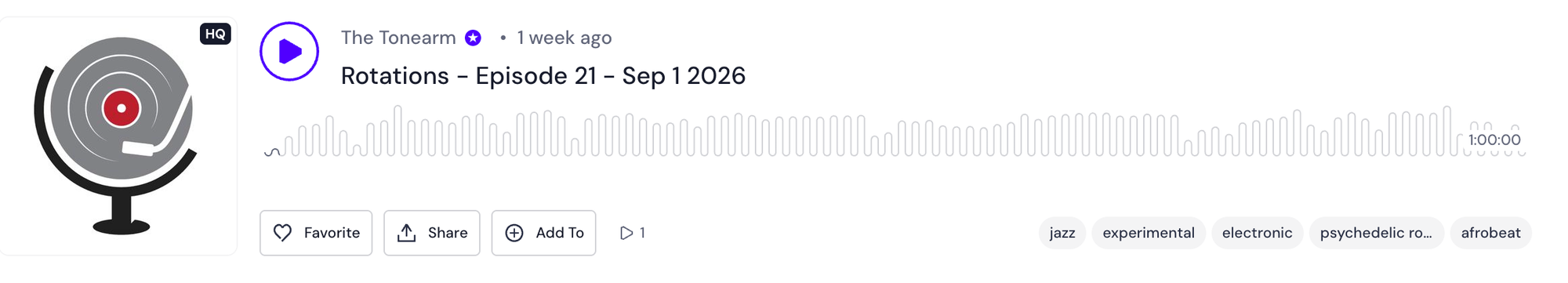 Mixcloud player for The Tonearm's Rotations – Episode 21 – Sep 1 2026, one hour long, with a waveform and tags reading jazz, experimental, electronic, psychedelic rock, and afrobeat.