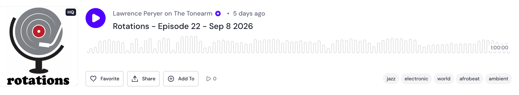 Mixcloud player for "Rotations – Episode 22 – Sep 8 2026" by Lawrence Peryer on The Tonearm, running 1:00:00, beside the Rotations logo of a record on a stand.