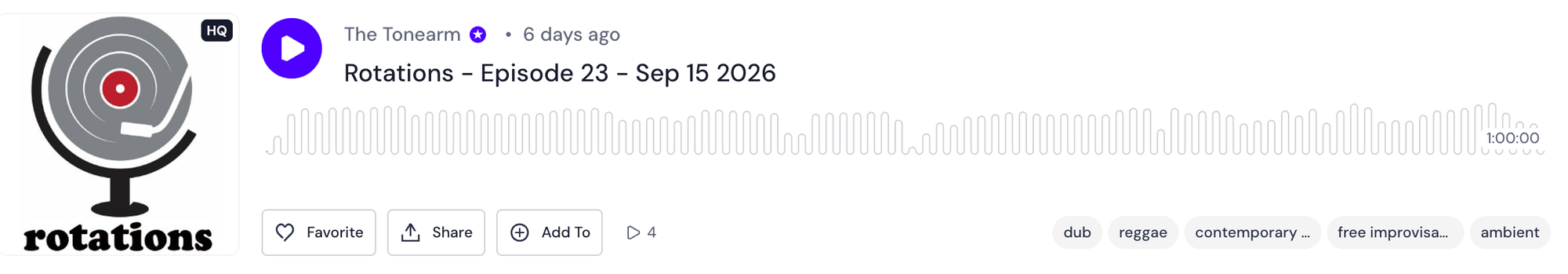 Mixcloud player for The Tonearm's "Rotations – Episode 23 – Sep 15 2026," one hour long, with the globe-and-record Rotations logo and tags for dub, reggae, free improvisation, and ambient.