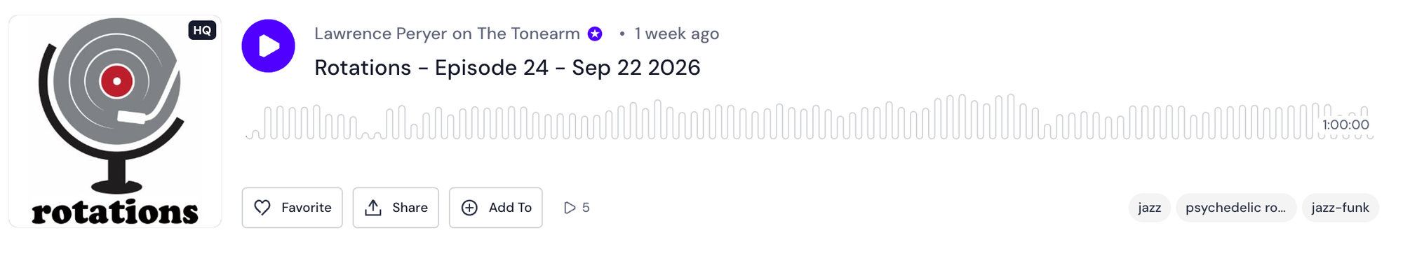 Mixcloud player for Rotations Episode 24, Sep 22 2026, by Lawrence Peryer on The Tonearm, with the Rotations turntable logo, play button, and hour-long waveform.