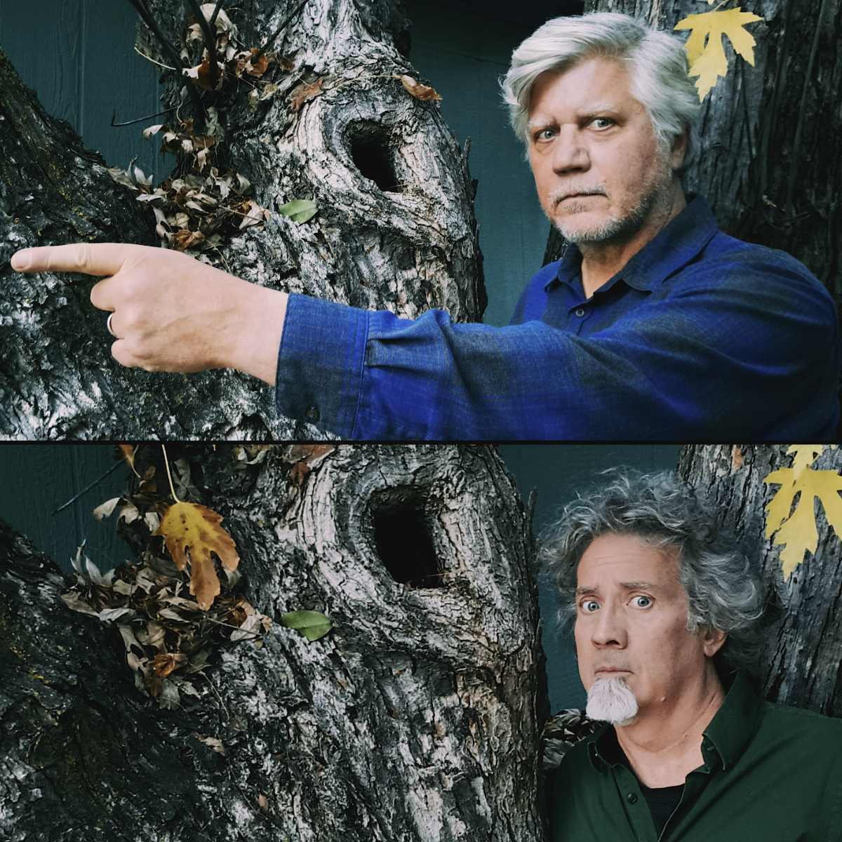 Two stacked photos by a gnarled tree trunk: Roger Kunkel, top, stares at the camera and points to a knothole; below, Stoo Odom peers out wide-eyed from beside the same trunk.