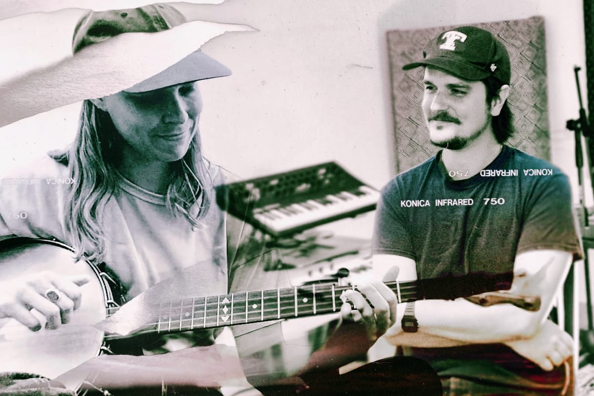 Torn black-and-white film collage: Allison de Groot plays banjo in a wide-brimmed hat at left, Rich Ruth smiles in a ball cap at right, a synthesizer between them.