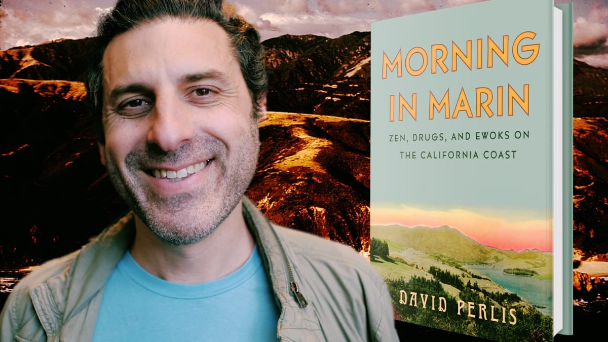 David Perlis smiles beside the cover of Morning in Marin, set against sunlit golden ridges of the Marin Headlands.