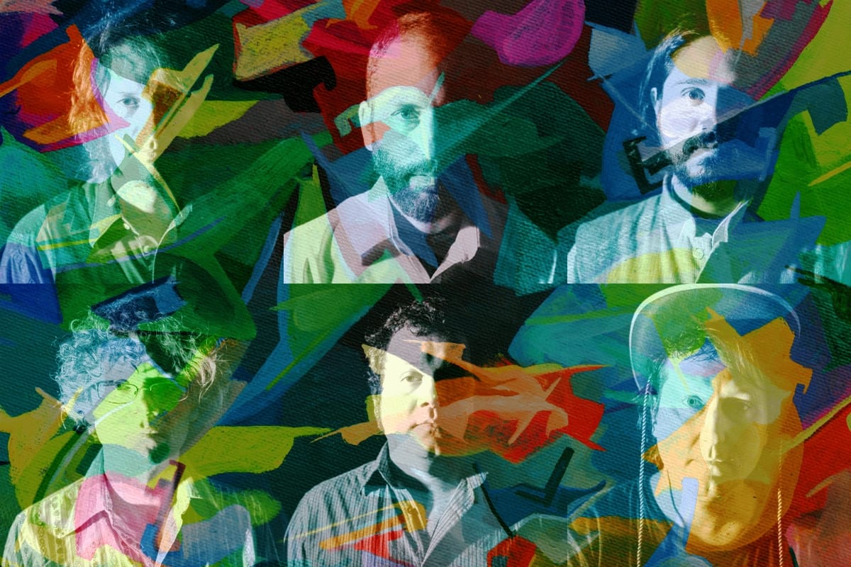 Six portraits of the Olivia Tremor Control’s members layered under swirling painted shapes in green, red, orange, and blue.