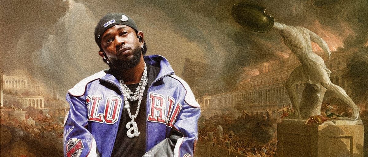 Kendrick Lamar in front of Cole Thomas's painting 'The Course of Empire Destruction' (1836)