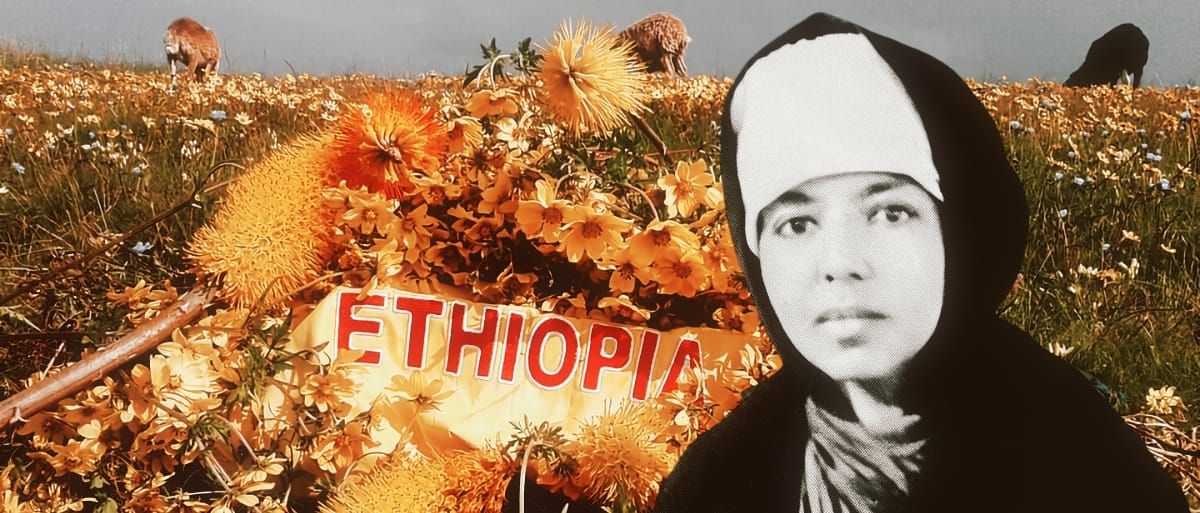 Emahoy Tsegué-Maryam Guèbrou. Original background photo by Tewodros Kassa via Wikimedia Commons.