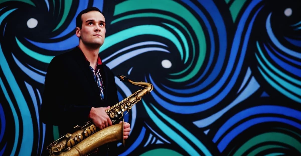 Patrick Smith holds saxophone against vibrant swirling backdrop in blue and teal tones.