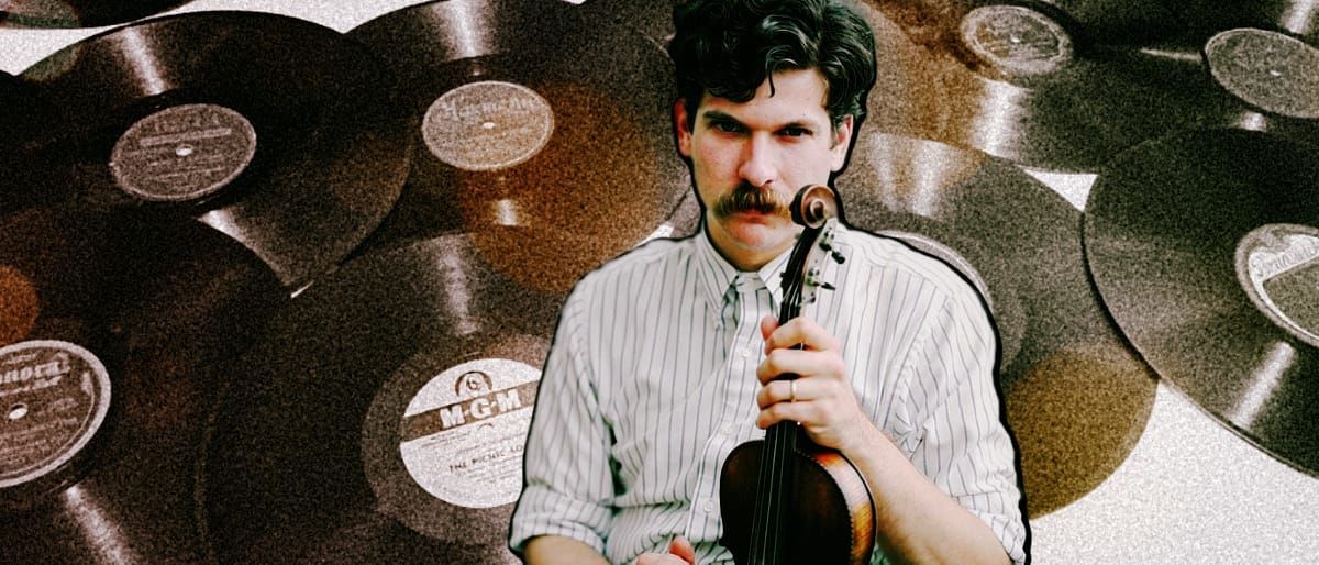 Frank Fairfield holds a fiddle to his chin, mustachioed and wearing a striped shirt, surrounded by a collage of vintage 78 rpm records.