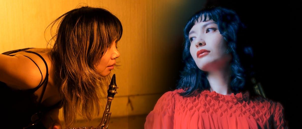 A composite of two portraits: Masayo Koketsu leans into a saxophone under warm amber light, and Nava Dunkelman with blue hair gazes upward in a red ruffled top against a dark background.