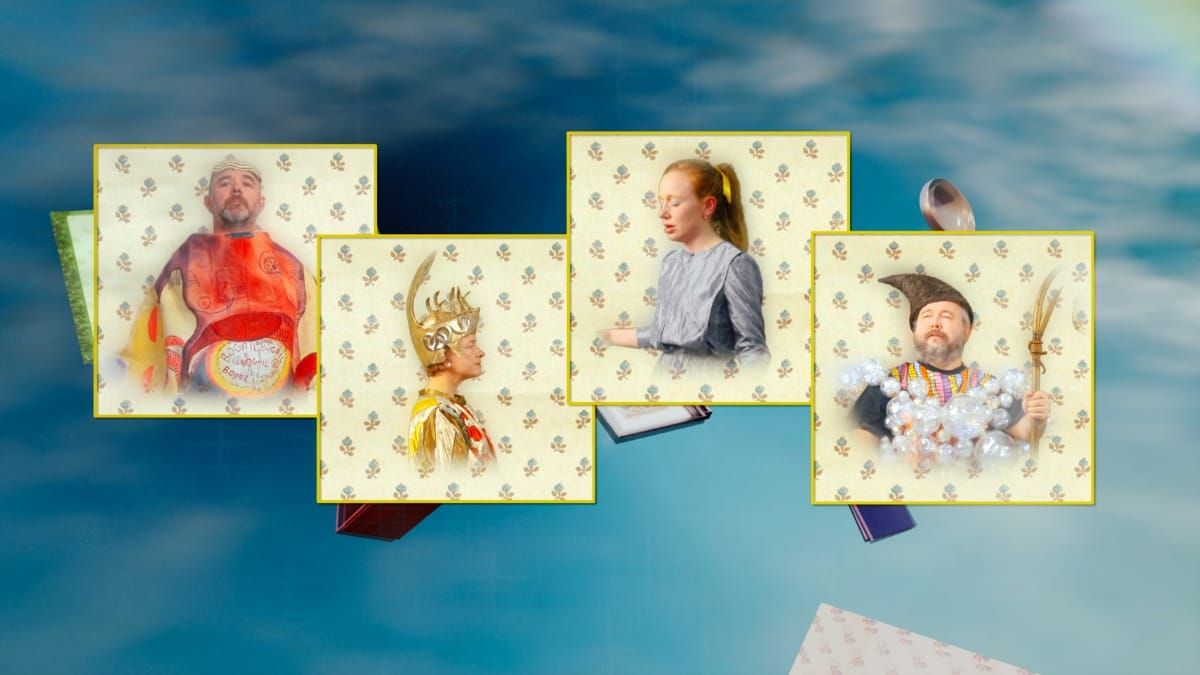 Four members of Hen Ogledd in individually framed portraits against floral wallpaper: one in an orange costume, one in a gold crown and cape, one reading from a book, one holding a staff.