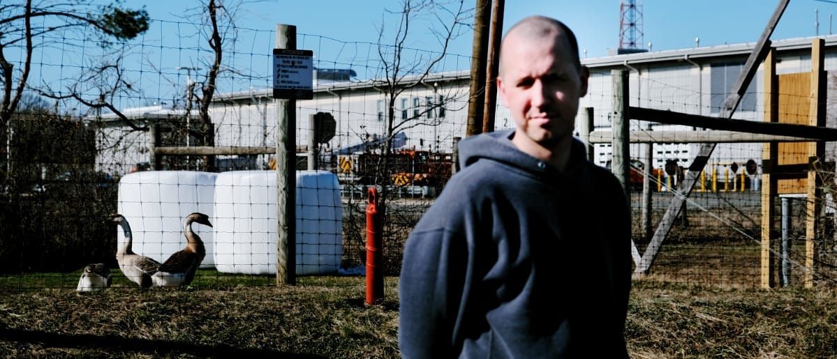 Jason Calhoun stands at the right of a grassy lot in a grey hoodie, half-turned from the camera, with two geese, a wire fence, and low industrial buildings behind him.