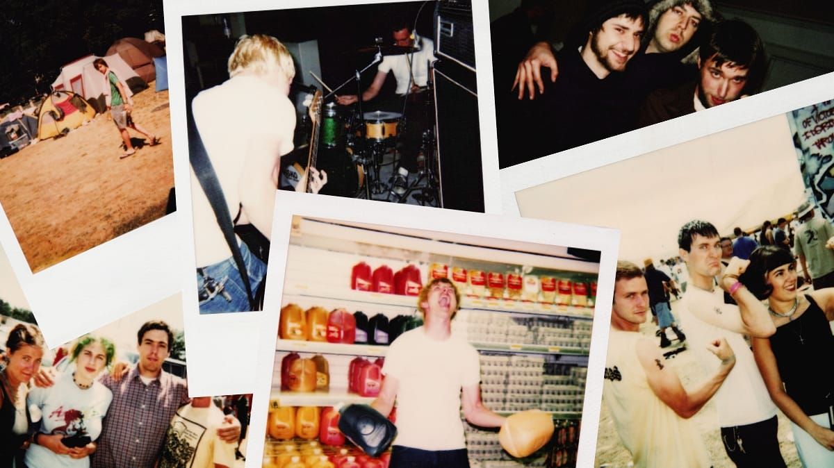 Scattered Polaroid snapshots from the 1990s — festival campsite tents, a guitarist and drummer mid-set, friends crowded together at a show, and someone hamming it up in a grocery aisle.