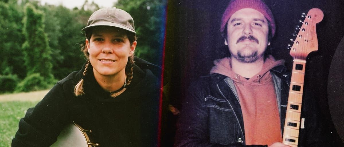Side-by-side film portraits: Allison de Groot in a cap and braids holds a banjo before green trees; Rich Ruth in a red beanie holds up a guitar neck against a dark backdrop.