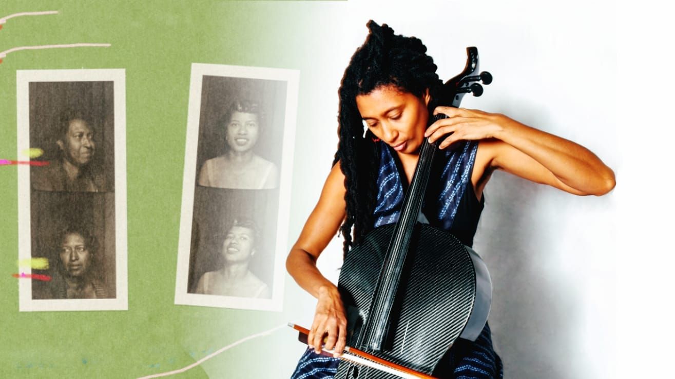 Tomeka Reid plays a carbon fiber cello against a white background, beside a collage of vintage photo booth strips on green. Photo by Michael Jackson.