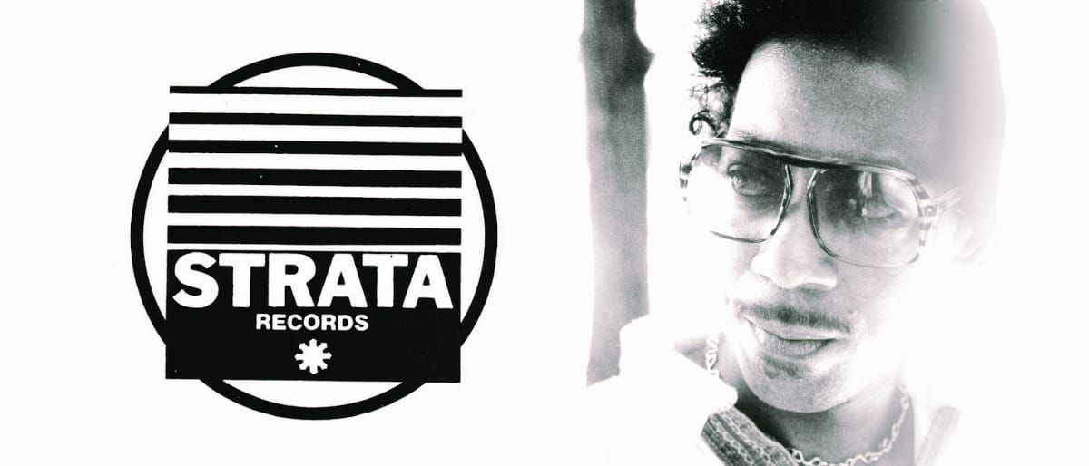 Black-and-white promotional image pairing the Strata Records logo with a close-up portrait of DJ Amir in aviator glasses, expression neutral, face partially washed in bright light.