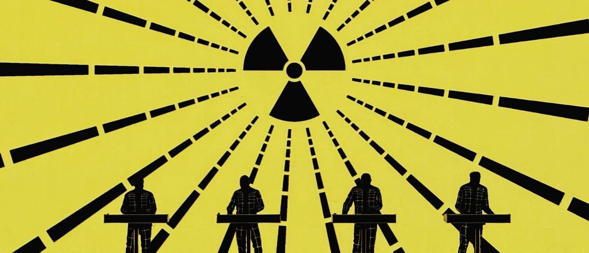 Four Kraftwerk members stand as black silhouettes behind synthesizers on a yellow background, dashed rays radiating from a large radiation symbol overhead.