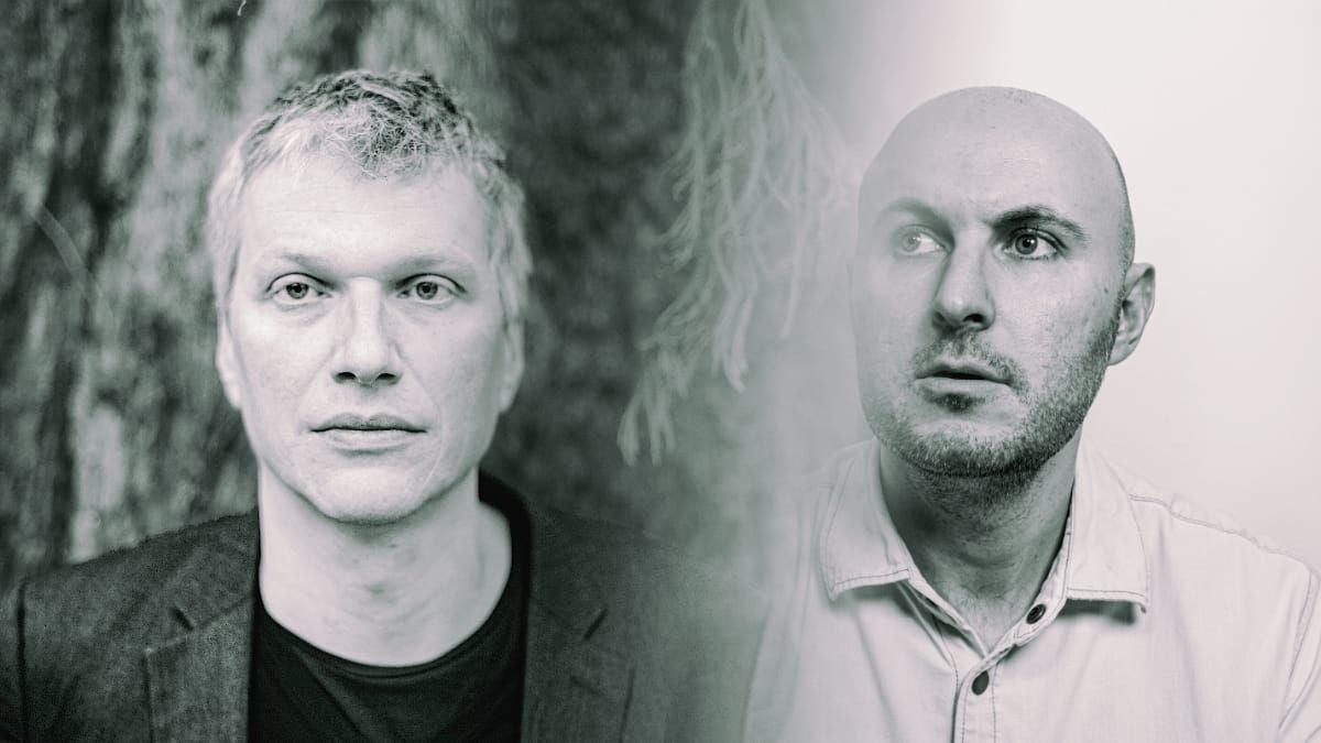 Black-and-white composite portrait of Jozef Dumoulin, left, against a tree, and Joseph Branciforte, right, against a light background.