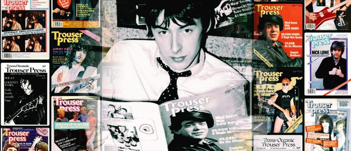 Paul Weller reads a copy of Trouser Press in a black-and-white portrait, ringed by color covers of the magazine featuring Jimmy Page, Lou Reed, Devo, Nick Lowe, and the Pretenders.