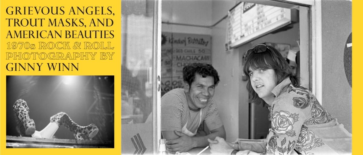 "Grievous Angels, Trout Masks, and American Beauties" on yellow, with leopard-print legs in platform heels inset. Gram Parsons leans on the Burrito King counter beside the counterman.
