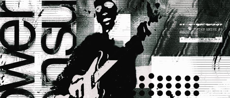 High-contrast black-and-white collage of Lou Reed playing guitar, overlaid with distressed halftone textures, horizontal scan lines, large fragmented letterforms, and a halftone dot grid.