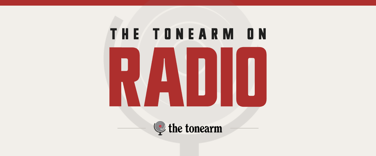 THE TONEARM ON RADIO in black and red display type on an off-white ground, a faint globe mark behind it, a red bar across the top, and the Tonearm logo beneath.