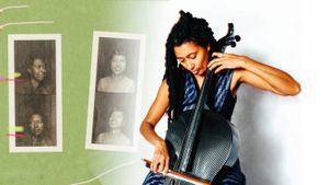 Tomeka Reid plays a carbon fiber cello against a white background, beside a collage of vintage photo booth strips on green. Photo by Michael Jackson.