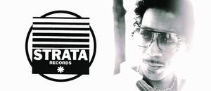Black-and-white promotional image pairing the Strata Records logo with a close-up portrait of DJ Amir in aviator glasses, expression neutral, face partially washed in bright light.