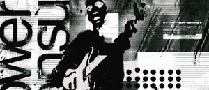 High-contrast black-and-white collage of Lou Reed playing guitar, overlaid with distressed halftone textures, horizontal scan lines, large fragmented letterforms, and a halftone dot grid.
