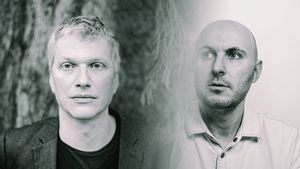 Black-and-white composite portrait of Jozef Dumoulin, left, against a tree, and Joseph Branciforte, right, against a light background.