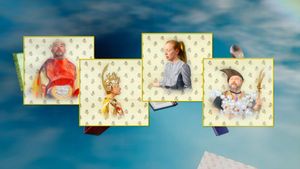 Four members of Hen Ogledd in individually framed portraits against floral wallpaper: one in an orange costume, one in a gold crown and cape, one reading from a book, one holding a staff.