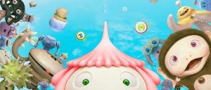 Detail from the Jellyfish Eyes poster: a pale creature with a pink ruffled crest floats against blue sky, ringed by spiky, tentacled, and wide-eyed creatures.
