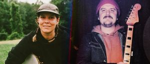 Side-by-side film portraits: Allison de Groot in a cap and braids holds a banjo before green trees; Rich Ruth in a red beanie holds up a guitar neck against a dark backdrop.