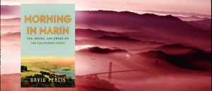 The cover of Morning in Marin by David Perlis, set over a rose-tinted 1972 aerial view of fog-wrapped Marin hills and the Golden Gate Bridge.
