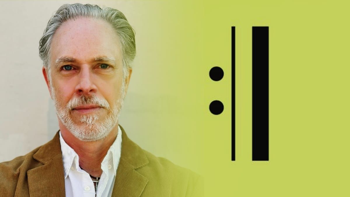 George Grella in a tan corduroy blazer against a yellow-green gradient background, beside a minimalist black graphic of two vertical bars and two dots from the cover of 'Minimalist Music'.