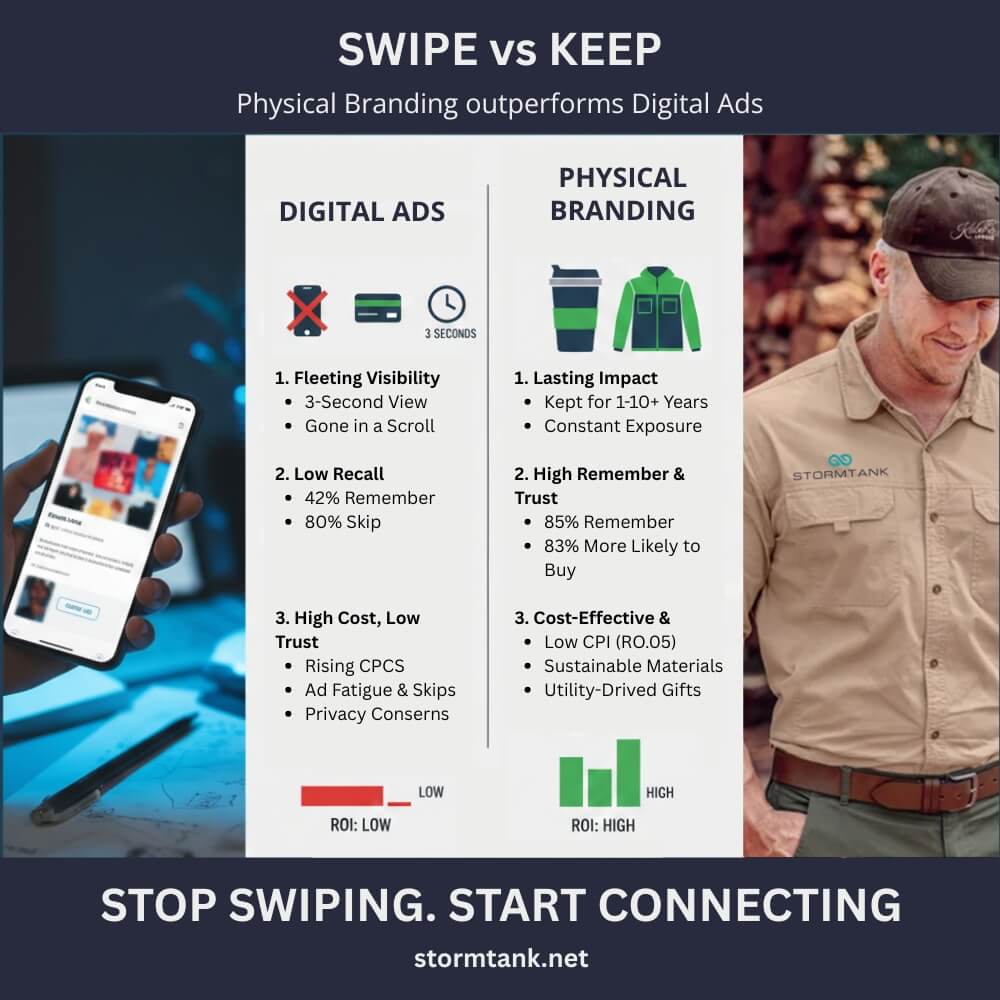 A digital ad flashes for a fleeting three seconds, then a branded item sits on a desk or is worn by a client for a whole year. The contrast is stark.  In today's world, we are obsessed with digital metrics—clicks, likes, and impressions. But it is easy to forget the power of something you can actually touch. It is the difference between a momentary blip on a screen and a quality branded item that sticks around.  This isn’t about abandoning digital marketing entirely; it’s about understanding why physical branding creates a deeper, more memorable impact that digital ads simply cannot replicate.  Longevity & Recall: The Three-Second Scroll vs. The Three-Year Jacket Digital ads are here today, gone in a scroll. A tweet lasts minutes; an Instagram story lasts 24 hours. In contrast, a physical item—a branded pen, a quality jacket, or a useful gift—becomes a permanent fixture in your client's life.  Recent industry data highlights a massive "Recall Gap":  Top-of-Mind Recall: 85% to 89% of people remember the brand on a promotional product they received. Compare that to social media display ads, where recall often drops below 42%.  The Retention Factor: 81% of promotional products are kept for more than a year because they are useful. In fact, items like high-quality outerwear and drinkware often stay with a consumer for decades.  When your team wears branded PPE or corporate apparel daily, they aren't just employees; they are "walking billboards." A single branded jacket can generate over 7,800 impressions over its lifetime—visibility that would cost thousands in recurring social media ad spend.  The Sensory Advantage: Building Trust Through Touch There is a tactile and sensory element to physical branding that a screen cannot provide. You can hold it, feel the quality, and use it. This sensory experience creates stronger memory recall and emotional bonds.  High-quality physical items signal professionalism and reliability. The numbers prove it:  82% of people perceive a brand more positively after receiving promotional merchandise.  83% of consumers are more likely to do business with a brand after receiving a tangible product.  In a world of digital noise, physical items cut through the clutter. A durable StormTank jacket isn't just an item; it’s a positive interaction that builds trust and loyalty, encouraging repeat business.  The Double-Edged Sword of Digital Ads Social media ads have their place—they offer reach and real-time analytics. However, the "scroll and forget" syndrome is a serious drain on your marketing budget.  Ads are frequently skipped, and recall rates are shockingly low. To stay visible, you must constantly "top up" your budget and fight "ad fatigue" with fresh content. Furthermore, digital advertising is facing a "trust gap." Intrusive tracking and pop-ups are often seen as annoying interruptions.  In contrast, 99% of people say they are willing to go out of their way to receive a physical promotional product. One is an interruption; the other is a gift.  The Reality Check: Why Utility Trumps Technology While global trends talk about AR (Augmented Reality) or NFC tags in clothing, the South African market values substance and utility above all else. For local businesses, high-tech gimmicks often don't offer a real return on investment.  The real future of branding in SA is High-Value Utility:  The Cost Per Impression (CPI): While social media costs-per-click keep rising, the CPI of a promotional item can be as low as R0.05 over its lifespan.  The Reciprocity Effect: Giving a tangible, useful gift creates a psychological "thank you" response. Research shows companies with corporate gifting programs see up to 5x ROI in client retention.  The Practical Win: A client will ignore a sponsored post while stuck in traffic, but they will wear a weather-resistant StormTank jacket every winter.  StormTank: Championing Sustainable Merchandise We recognize that physical branding carries a responsibility. Traditional promotional products can be resource-intensive, but the shift is toward quality and durability.  StormTank champions sustainable merchandise made from eco-friendly materials like RPET (recycled plastic) and bamboo. These materials aren't just "green"—they are built to last. 46% of consumers feel more favorable toward brands that offer eco-friendly items. Choosing StormTank means choosing responsible, lasting branding that reflects your company’s values.  Make an Impact That Lasts While digital ads offer speed, nothing beats the longevity, emotional connection, and real-world visibility of high-quality physical branding. Don’t let your brand vanish in a three-second scroll. Invest in tangible, sustainable, and impactful branded items that become a lasting part of your customers' lives.  [CTA] Explore StormTank’s definitive guide to PPE, Corporate Clothing, and Gifts – where quality, durability, and sustainability meet powerful branding.