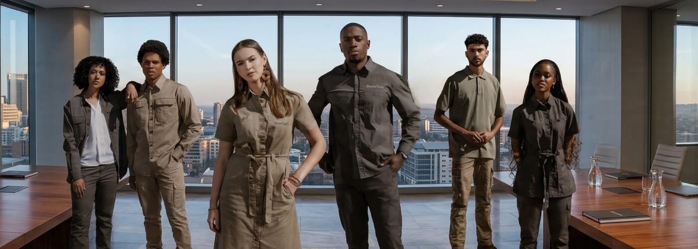 A diverse group of six people in neutral-toned outfits poses confidently in a modern conference room with large windows overlooking a Sandton cityscape. The scene conveys professionalism and unity.
