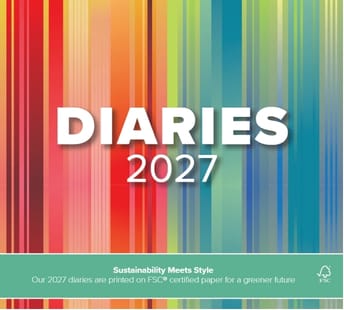 A colorful background of vertical stripes with the text DIARIES 2027 in white, and a green footer stating sustainability and FSC certification details.