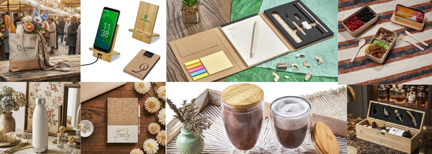 A collage showing eco-friendly products: a tote bag, bamboo phone stand, stationery set, lunch boxes, cork notebook, glass mugs, and a wine box.
