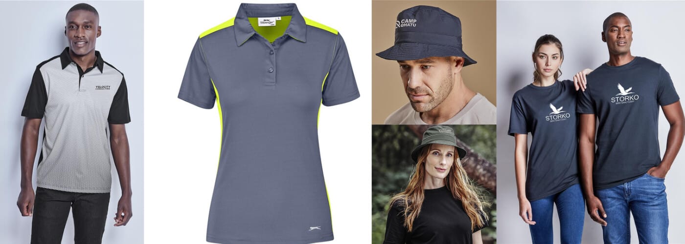 A collage showing various apparel: a man in a patterned polo, a grey and neon yellow polo shirt, people wearing bucket hats, and branded t-shirts.