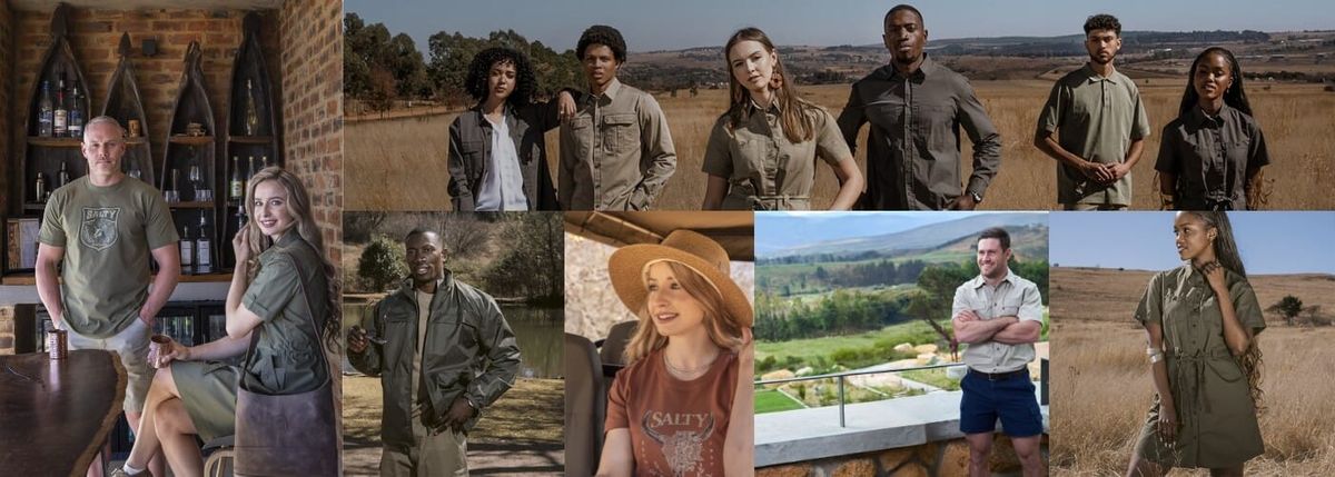 A collage of diverse individuals in stylish safari clothing, set against outdoor and rustic backgrounds. The mood is adventurous and fashionable.