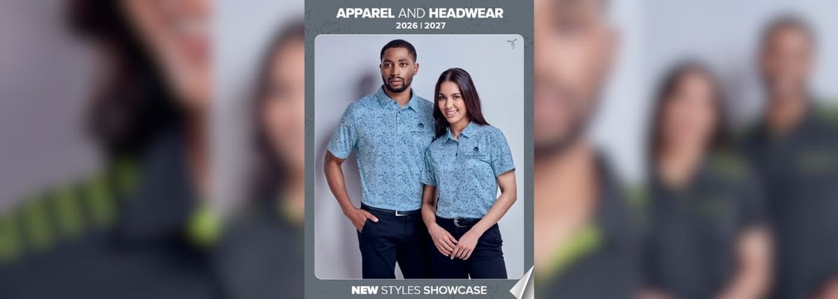 A man and woman model blue patterned polo shirts, smiling confidently. The image is part of an "Apparel and Headwear 2026/2027" showcase. The tone is modern and stylish.