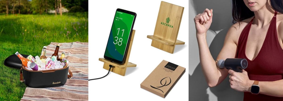 A collage showing a black cooler on a picnic blanket, a bamboo phone stand with a phone, a branded bamboo stand, and a woman using a massage gun.