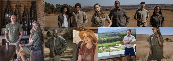 A collage of diverse individuals in stylish safari clothing, set against outdoor and rustic backgrounds. The mood is adventurous and fashionable.