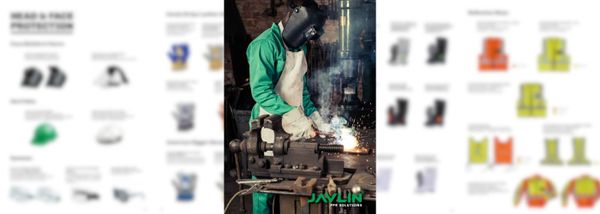 A welder in protective gear, including a mask and green jacket, works with sparks flying in a workshop. The background features blurred product images.