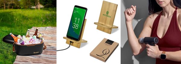 A collage showing a black cooler on a picnic blanket, a bamboo phone stand with a phone, a branded bamboo stand, and a woman using a massage gun.