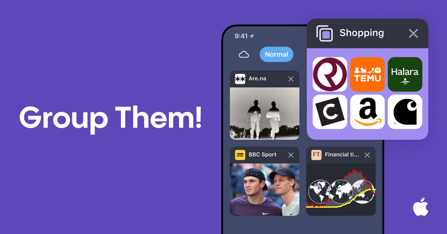 Multiple tabs grouped together in Aloha Browser for iOS, showing simplified tab management